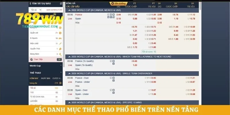 Các danh mục thể thao phổ biến trên nền tảng với nhiều giải đấu hấp dẫn